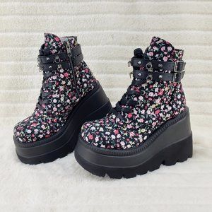 Shaker Floral Print Platform Wedge Goth Punk Ankle Boots 52st